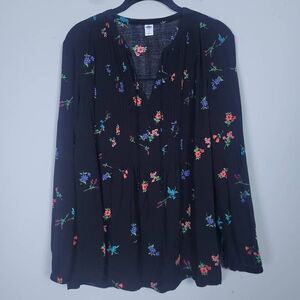 Old Navy Womens Floral Top Black Size Large Boho Long Sleeve Feminine Flowy